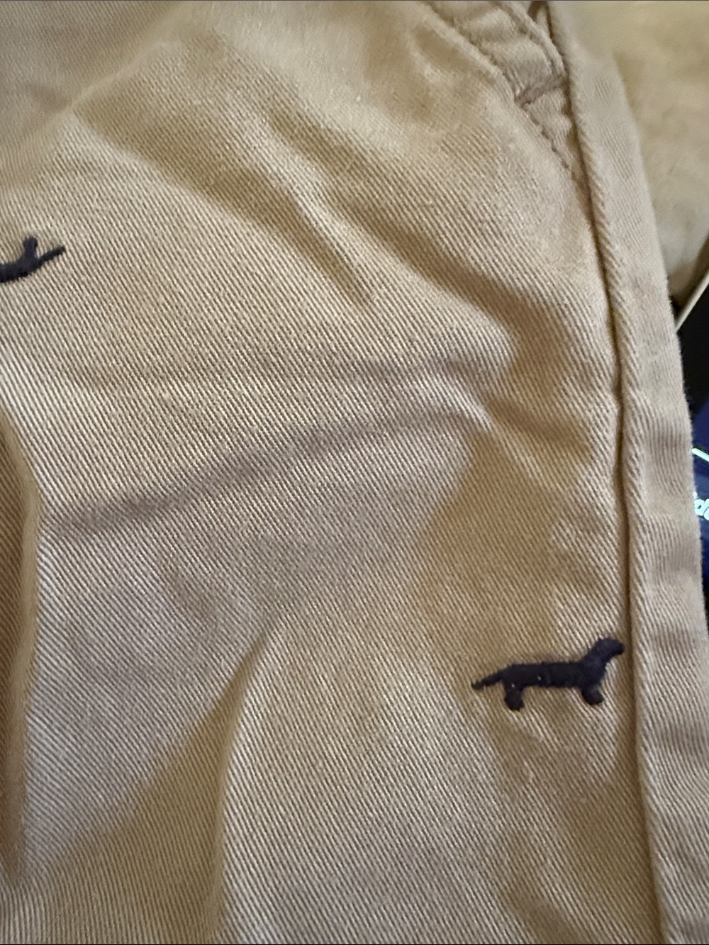 Tan Shorts with Navy Embroidered Dog Detail - Preppy (all need is an iron )